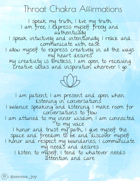 Throat chakra affirmations on a blue watercolor background Throat Chakra Affirmation, Chakras Affirmations, Meditation Chakras, Throat Chakra Healing, Chakra Healing Meditation, Chakra Affirmations, Healing Affirmations, I Am Affirmations, Chakra Yoga