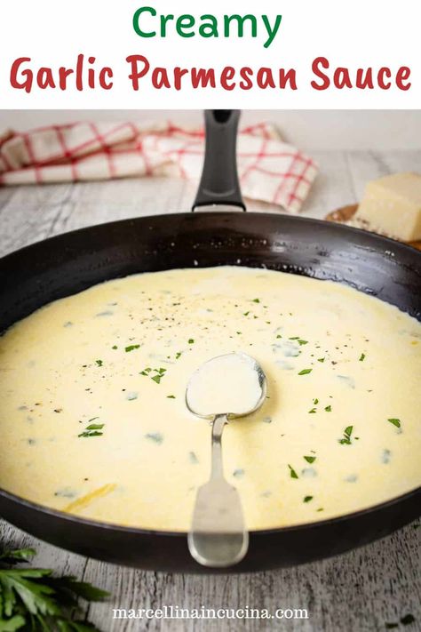 This Creamy Garlic Sauce is deliciously flavorful and creamy sauce is the perfect finishing touch for pasta, chicken, or as a dipping sauce for your favorite appetizers. #GarlicParmesanSauce #CreamyPastaSauce #GarlicParmesanSauceRecipe Parmesan Garlic Sauce, Parmesan Sauce Recipe, Pizza Sauces, Creamy Garlic Parmesan Sauce, Parmesan Cheese Sauce, Dipping Sauces For Chicken, Comfort Pasta, Easy Pasta Sauce, Garlic Parmesan Sauce