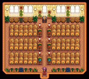 Stardew Valley Preserve Jar Shed, Stardew Valley Wine Shed, Big Shed Design Stardew Valley, Stardew Valley Shed Layout Kegs, Stardew Valley Vineyard, Stardew Valley Keg Shed Layout, Shed Stardew Valley Ideas, Stardew Tree Farm, Stardew Keg Shed