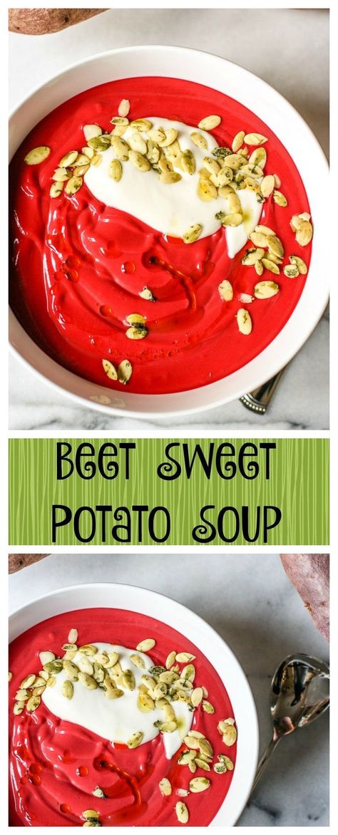 Beet Sweet Potato Soup. So creamy, so easy, so delicious! This recipe is great for your heart, your digestion, and your energy! Beet Sweet Potato, Sweet Potato Soup Recipes, Beet Soup, Beet Recipes, Potato Soup Recipe, Sweet Potato Soup, Boost Your Energy, Food Articles, Avocado Salad