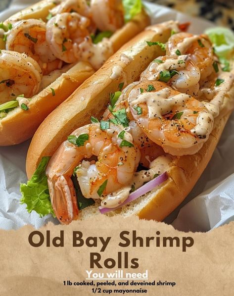 Old Bay Shrimp Rolls Ingredients: 1 lb cooked, peeled, and deveined shrimp 1/2 cup mayonnaise 1 tablespoon lemon juice 1 teaspoon Old Bay seasoning 2 tablespoons finely chopped celery 2 tablespoons finely chopped red onion 4 top-split hot dog buns 2 tablespoons butter, melted Lettuce leaves (optional) Instructions: Prepare Shrimp Mix: Chop shrimp and mix with mayonnaise, lemon juice, Old Bay, celery, and onion. Toast Buns: Brush buns with butter and toast until golden brown. Assemble Rolls: ... Shrimp Rolls Recipe, Cajun Recipes Authentic, Old Bay Shrimp, Seafood Salad Pasta, Crab Cake Recipes, Shrimp Rolls, Butter Shrimp, Healthy Food Dishes, Old Bay