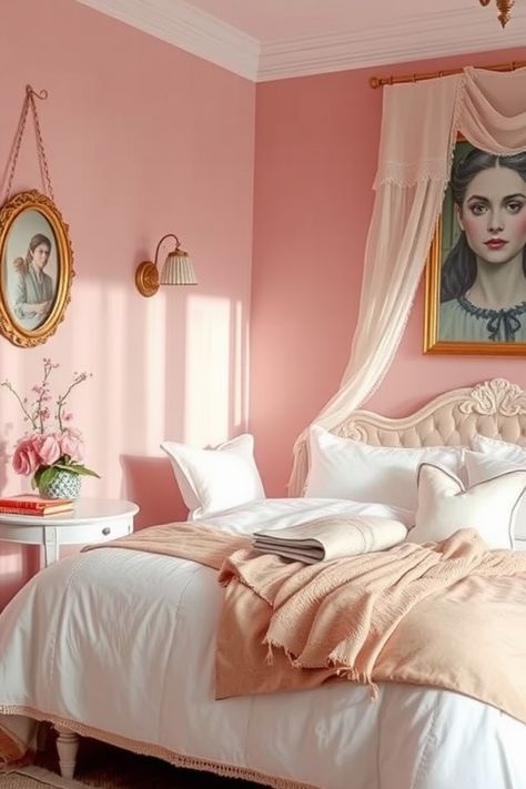 Cozy bedroom with peach walls, a vintage portrait, and elegant bedding. Sherwin Williams Comical Coral, Benjamin Moore Soft Pink Paint Colors, Sherwin Williams Jovial, Mellow Coral Sherwin Williams Paint, Gold Walls Bedroom, Warm Pink Paint Colors, Pink Bedroom Paint Colors, Peachy Pink Paint Color, Baby Room Paint Colors