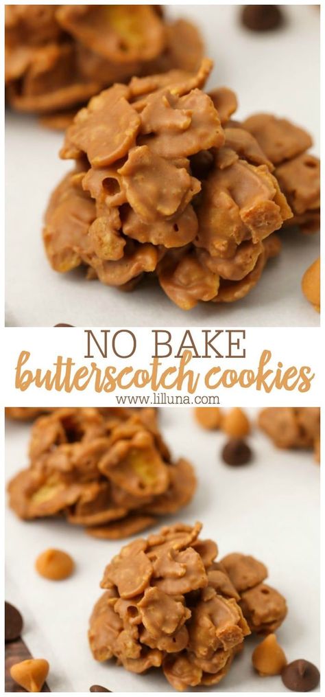 The kids LOVE making these No Bake Butterscotch Cookies - they're simple, quick and yummy! Cornflakes mixed with melted peanut butter, chocolate chips, and butterscotch chips. #nobakebutterscotchcookies #nobakecookies #butterscotch #cookies #nobake Butterscotch Cornflake Clusters, Butterscotch Morsel Recipes, Butterscotch Chip Recipes, Melted Peanut Butter, Butterscotch Recipes, Salted Caramel Pretzels, Cornflake Cookies, Salted Caramel Mocha, Study Hall