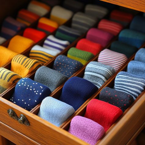 #Colorful sock #sockdrawer: A neatly #organized drawer filled with rows of #vibrant socks arranged by color and pattern. #socks #colorful #drawer #organized #rolled #aiart #aiphoto #stockcake ⬇️ Download and 📝 Prompt 👉 https://stockcake.com/i/colorful-sock-drawer_1259600_1132303 Socks Organization, Organize Closet Space, Sock Display, Sock Organization, Baby Clothes Organization, Wooden Wardrobe, Sock Drawer, Wooden Drawers, Pattern Socks