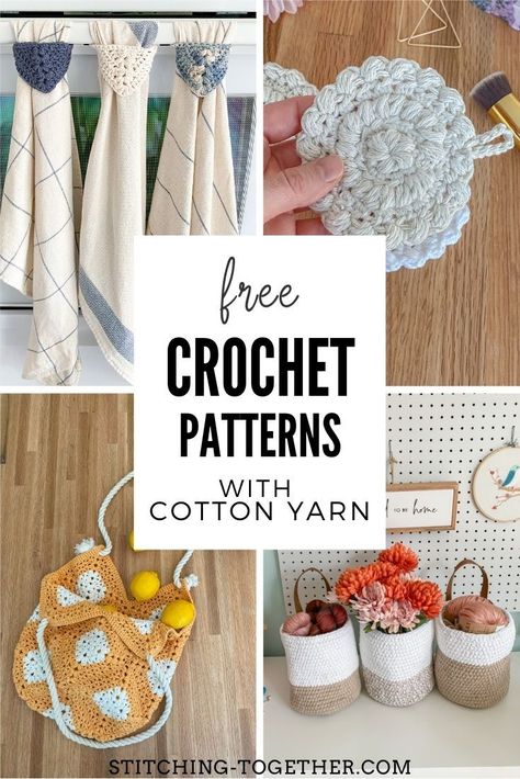 collage of different cotton crochet items with text overlay reading "free crochet patterns with cotton yarn" Crochet Patterns Using Cotton Yarn, Cotton Yarn Crochet Projects, Cotton Yarn Projects, What To Crochet, Cotton Yarn Patterns, Yarn Projects Crochet, Crochet Craft Fair, Cotton Crochet Patterns, Crochet Project Free