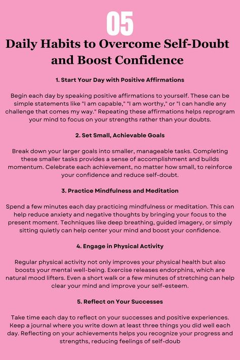 Transform your mindset with these 5 daily habits to overcome self-doubt and boost confidence. Perfect for those looking to enhance their personal growth and self-improvement journey. Incorporate these practices to start each day with a positive, empowered attitude! ❤️ Follow Me For More Tips Therapeutic Art Activities, Blog Post Titles, Counseling Activities, Chore Chart Kids, Boost Confidence, Mental Health And Wellbeing, Emotional Resilience, Boost Your Confidence, Cognitive Behavioral Therapy