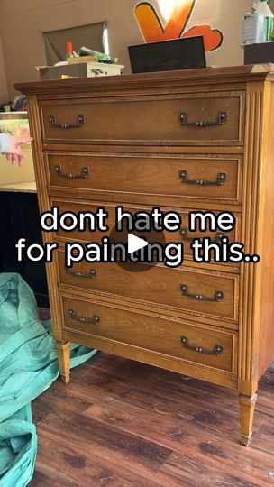 230K views · 6.6K reactions | I painted this vintage Dixie tallboy dresser and here's how you can do it too!
1. Remove all hardware with electric screwdriver
2. Give everything a good scrubdown with Simple Green cleaner
3. Scuff sand with 140 grit sandpaper ( I needed a small detail sander to get into the drawers)
4. Fixed damage with Bondo, a piece of veneer, and wood filler.
5. Primed with Zinsser bullseye primer with paint sprayer
6. Fixed a thousand cracks with more wood filler
7. Sprayed the custom dark green colour (3 coats), then added polyurethane and sprayed a couple coats of that as well
8. Stained top with water based stain in colour "Walnut"
9. Sealed top with oil based spray polyurethane
10. Drilled hardware and installed
11. You're done!

Follow for more and thanks for suppor Simple Green Cleaner, Dark Green Colour, Tallboy Dresser, Detail Sander, Cabinet Painting, Spray Paint Colors, Water Based Stain, Electric Screwdriver, Wood Filler