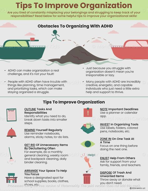 Getting organized involves systematically arranging things for better efficiency and clarity. This is a valuable skill; however, many individuals with ADHD struggle to keep track of their belongings or manage their tasks. Fortunately, there are ways to make organizing more manageable for them. The ADHD Tips To Improve Organization addresses the challenges clients with ADHD face in staying organized. It offers strategies to improve their organizational skills, such as creating outlines, noting important deadlines, and investing in tools. Using this handout can help kids and teens learn how to prioritize tasks, improve their planning skills, and make better use of their time — which leaves them feeling less stressed and more focused. Parents and teachers can support kids' efforts to improve Writing Organization, Organizational Skills, Executive Function, Organization Skills, Therapeutic Activities, Organizing Time, Executive Functioning, Neurology, Mental And Emotional Health