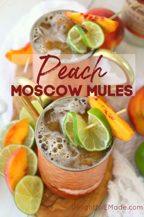 Ginger Peach Moscow Mule - Moscow Mule Recipe - Delightful E Made Mocktail Mule Recipe, Fruity Moscow Mule Recipe, Mules Drink Recipes, Peach Mule Recipe, Mango Mule Recipe, Mango Moscow Mule Recipe, Flavored Mules, Pineapple Moscow Mule Recipe, Flavored Moscow Mule Recipe