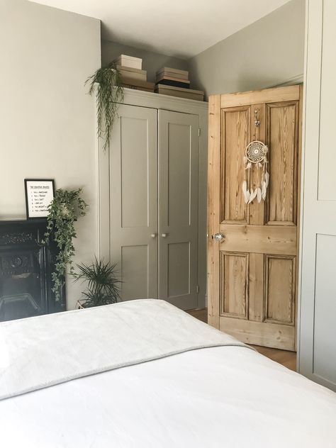 Wardrobe Alcove Bedroom, Fitted Wardrobe Colour Ideas, Bedroom Alcoves, Pine Cupboard Makeover, Alcove Cupboards Bedroom, Alcove In Bedroom, Cast Iron Bed, Alcove Bedroom, Alcove Ideas Bedroom