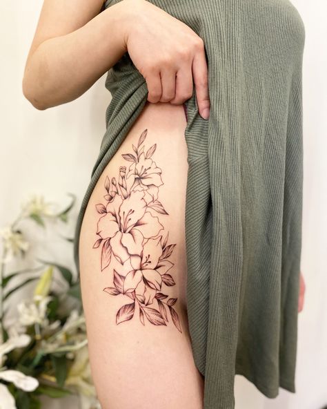 Fine line black and gray floral tattoo done by Vancouver artist Jamie Kan Black And Gray Floral Tattoo, Fine Line Botanical Tattoo, Side Thigh Tattoo, Gladiolus Flower Tattoos, Vancouver Tattoo, Gladiolus Tattoo, Side Thigh Tattoos, Flower Tattoo Meanings, Saved Tattoo