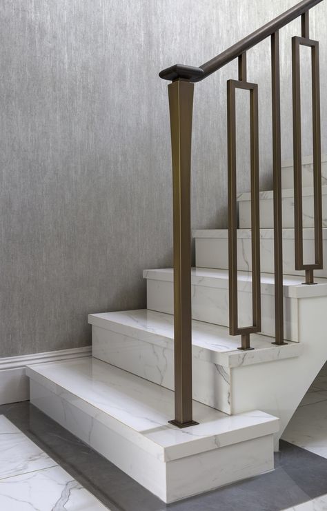 Marble Staircase Modern, Bronze Railing Stairs, Stairs Stone Design, Stairs Steps Design, Staircase Marble Design, Marble Stairs Design Modern, Bronze Stair Railing, Tiles Staircase, Marble Stairs Design