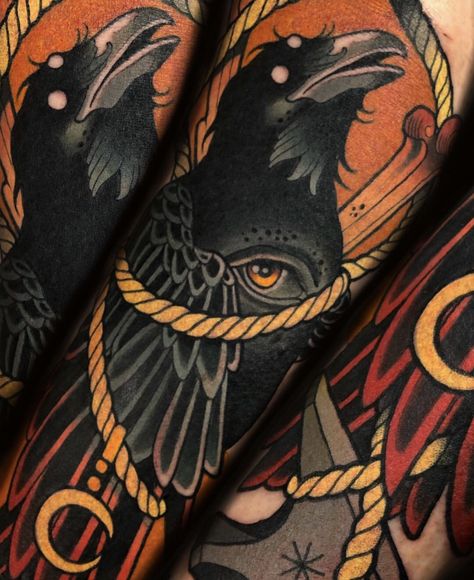 Credit: @samclarktattoos Trad Crow Tattoo, Raven Tattoo Traditional, Traditional Tattoo Crow, Black Crow Tattoos, Neo Tattoo, Traditional Tattoo Inspiration, Traditional Tattoo Designs, Wolf Tattoo Sleeve, Crow Tattoo