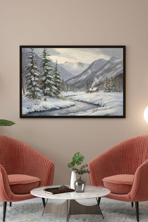 Winter's Serenity' transports you to a tranquil winter landscape where a cozy cabin nestles quietly among snow-covered trees by a gently flowing river. The peacefulness of the scene is enhanced by the soft blanket of snow, creating a serene atmosphere that invites you to escape the hustle of daily life and embrace the calm beauty of winter. This piece captures the essence of a perfect winter retreat, where nature's quiet stillness reigns. Peaceful Vibes, Landscape Art Prints, Snow Covered Trees, Love Winter, Wall Art Ideas, Landscape Wall, Rolling Hills, Landscape Wall Art, Landscape Nature