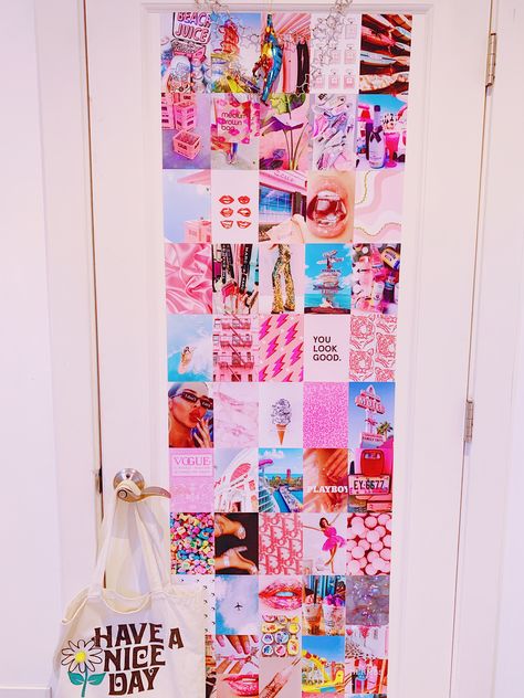 Pink aesthetic photo wall door preppy room decor Preppy Room Wall Collage, Preppy Wall Photos, Preppy Photos For Wall, Preppy Room Collage, Preppy Wall Collage Ideas, Preppy Door Decor, Preppy Photo Wall, Cheap Preppy Stuff, Preppy Locker