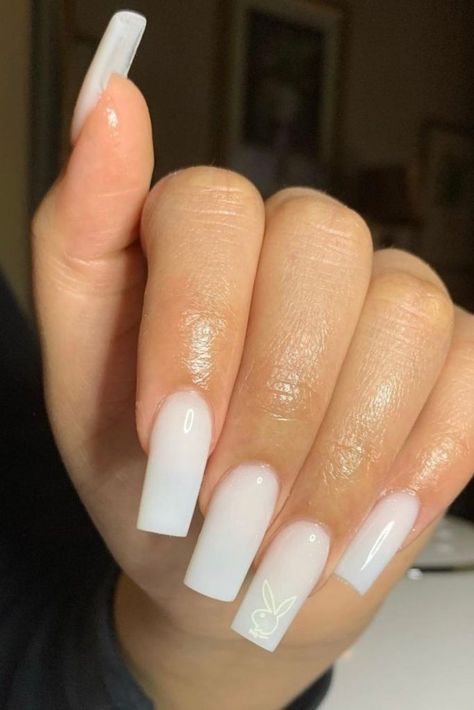 White Nail Coffin, Nail Ideas Acrylic White, White Nails Rhinestones, White Nail Ideas Acrylic, Simple White Nail Designs, Acrylic White Nails, Cute White Nails, White Nails With Rhinestones, White Nails With Glitter