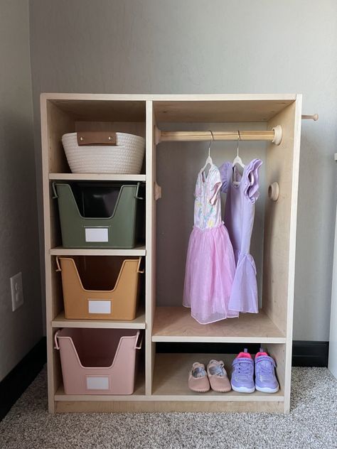 DIY Montessori Toddler Wardrobe Diy Montessori Dressing Area, Montessori Closet Diy, Toddler Wardrobe Montessori, Toddler Dressing Station, Montessori Clothes Storage, Diy Toddler Furniture, Montessori Furniture Diy, Diy Kids Wardrobe, Montessori Dressing Area