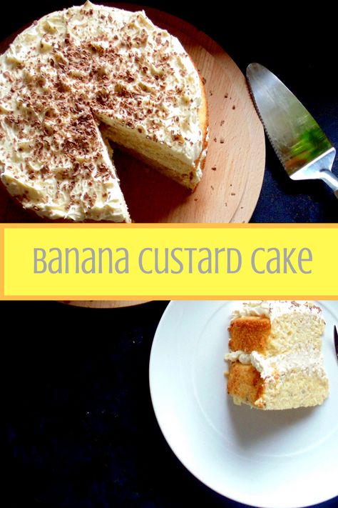 Moist and fluffy banana custard cake layered with light vanilla buttercream icing! Vanilla Custard Cake Filling, Vanilla Cake With Custard Filling Recipe, Custard Layer Cake, Banana Magic Custard Cake, Vanilla Magic Custard Cake Recipe, Vanilla Buttercream Icing, Custard Cake Recipes, Banana Butter, Sandwich Cake