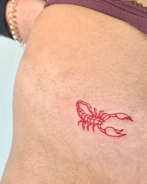 Scorpio tattoo, in red ink on a girls hip #girlytattoo #girltattoo #redtattoo #redink #redinktattoo #redscorpiotattoo #redscorpio #scorpiotattoo #scorpiontattoo #scorpion #instagram #tattoo #tattoos #tatuagem #portugaltatuagem #tatuadoresportugal #tattooportugal Scorpio Tattoo Minimalist Women, Scorpio Red Tattoo, Scorpio Tattoo Hip, Scorpion Tattoo Feminine Outline, Red Scorpion Tattoo Small, Scorpio Hip Tattoo, Scorpion Tattoo Feminine Small, Scorpion Minimalist Tattoo, Scorpion Tattoo Red