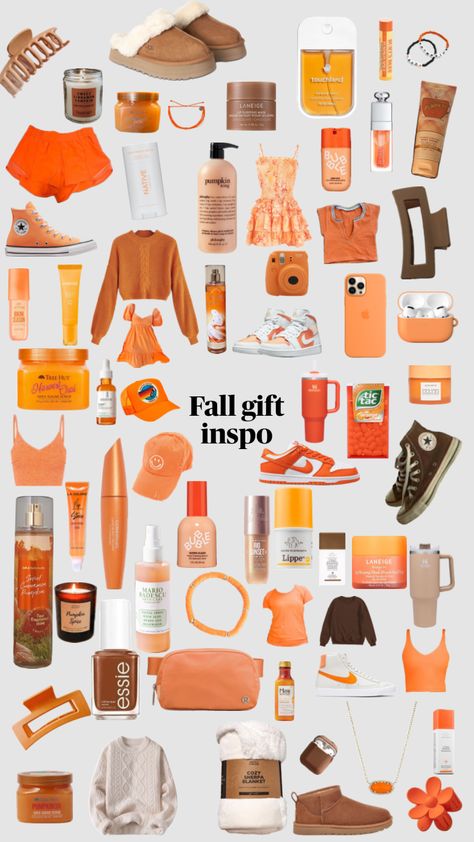 Orange Birthday Basket, Orange Wishlist, Orange Skincare, Fall Wishlist, Fall Gift Baskets, Preppy Brands, Preppy Accessories, Preppy Fall Outfits, Gymwear Outfits