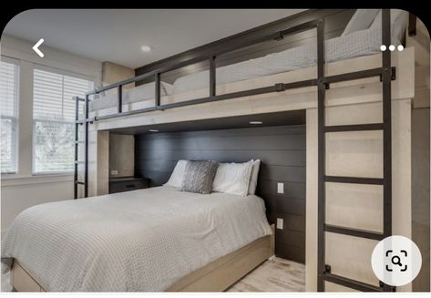 Studio With Bunk Beds, Bunk Bed With Queen Underneath, Guest Room Bunk Bed Ideas, Twin Over Queen Built In Bunks, Basement Bunk Room Ideas, Queen Bunk Bed Ideas, Adult Bunk Beds Guest Rooms, Bunk Room Ideas, Modern Bunk