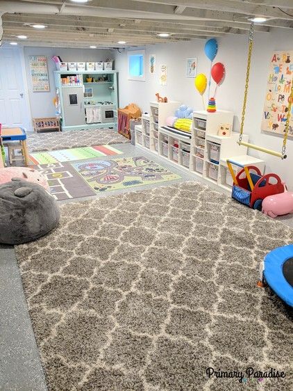 Unfinished Basement Playroom, Basement Playroom Ideas, Ikea Kids Playroom, Dream Playroom, Storage And Organization Ideas, Dream Basement, Basement Playroom, Kids Basement, Toddler Playroom