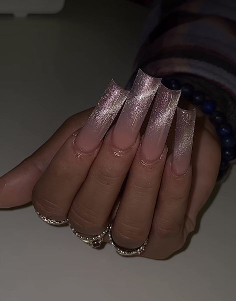 Long Square Glitter Nails, Long Nude Nails With Design, Rose Gold Nails Acrylic Square, Glass Effect Nails, Long Acrylic Nails Rose Gold, Raw Glitter Acrylic Nails, Long Pink Sparkly Nails, Rose Gold Nails Acrylic, Marble Acrylic Nails