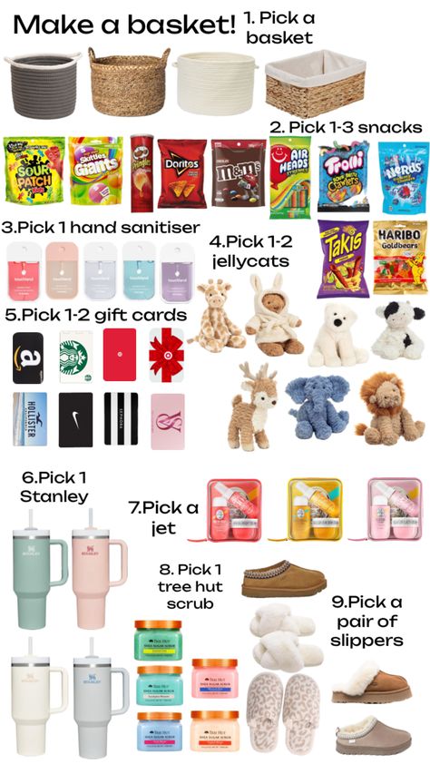 #pick #choose #basket #soldejanerio #treehut #jellycats #stanley #candy #touchland Stanley Basket Ideas, Board Game Basket Gift Ideas, Stanley Gift Basket, Stanley Gift Ideas, Preppy Products, Game Basket, Preppy Birthday Gifts, Make A Basket, Burr Basket