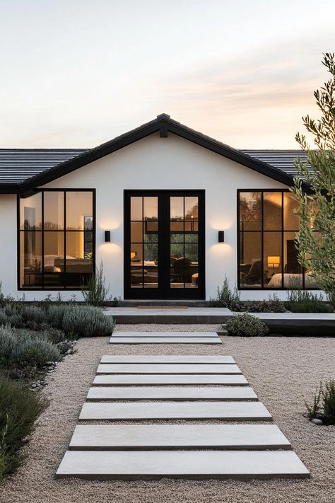 40 Modern Ranch Houses You’ll Love Ranch Houses With Black Windows, Black And White Homes Exterior Ranch, Small White Modern House, Modern White House Black Windows, White House Black Trim Ranch Style, Black Window House Exterior, White Ranch House Black Trim, Update House Exterior, Modern Front House Design