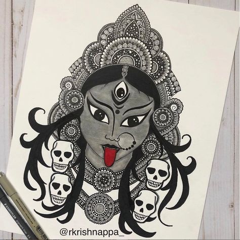 Goddess Kali Art, Kali Art, Goddess Of Time, 5x7 Art Prints, Drawing Patterns, Abstract Pencil Drawings, Goddess Kali, Easy Mandala Drawing, Butterfly Art Painting