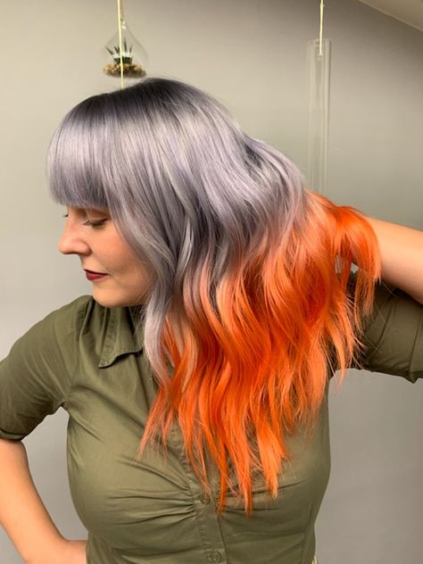 Fenix hair silver and orange Split Dyed Hair Red And Orange, Grey And Orange Hair, Grey And Copper Hair, Gray And Orange Hair, Silver Orange Hair, Silver And Orange Hair, Orange And White Hair, Blue And Orange Hair, Scrap Dress