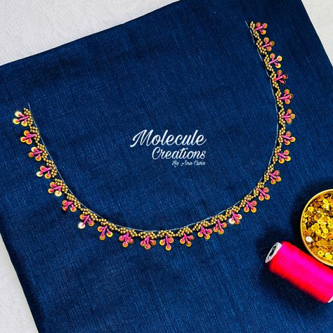 Simple Neckline Designs, Churidar Embroidery, Handwork Designs, Casual Blouse Designs, Stitching Diy, Simple Blouses, Churidar Neck, Blouse Works, Churidar Neck Designs