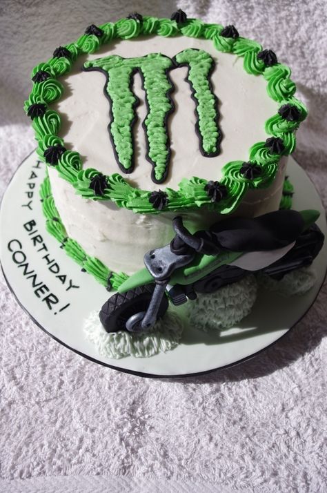 Monster Energy Cake with Kawasaki Motobike Monster Energy Cake Ideas, Monster Energy Cake, Monster Energy Drinks, Monster Logo, Monster Crafts, Monster Energy Drink, Monster Cake, Pretty Birthday Cakes, Boy Birthday Cake