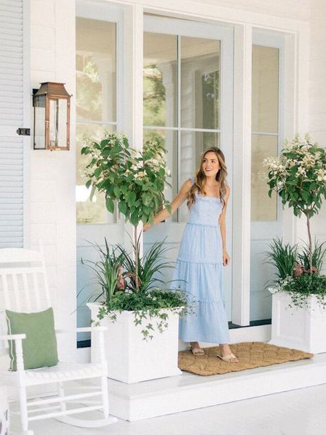 Light Blue Front Door, Southern Porch, Beautiful Neighborhoods, Front Door Planters, Front Porch Inspiration, Porch Inspiration, Southern Porches, Blue Front Door, Wraparound Porch