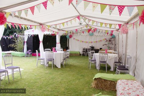 It took us almost the whole week to decorate the back garden. In total I made 83 metres of bunting! Party Tent Decor, Party Tent Decorations, Green Bunting, Colourful Bunting, Flags Decoration, Marquee Decor, Hay Stacks, Party Marquee, Winter Banner