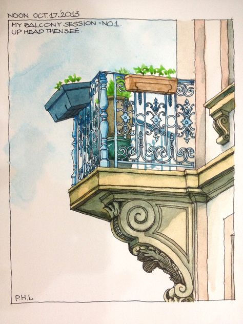 #archlinh #urbansketching #balconies #watercolors How To Draw A Balcony, Balcony Art Drawing, Balcony Sketch Drawing, Balcony Drawing Reference, Balcony Tattoo, Balcony Watercolor, Garden Ideas Drawing, Balcony Sketch, Balcony Drawing