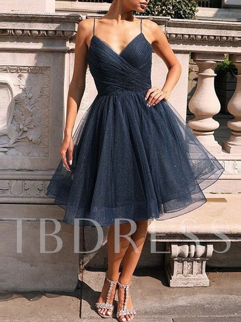 Sleeveless Knee-Length Pleats Spaghetti Straps Homecoming Dress 2019 Graduation Dresses 2022, Knee Length Homecoming Dresses, Navy Blue Homecoming Dresses, Winter Formal Dresses Short, Homecoming Dresses Knee Length, Navy Blue Homecoming Dress, Back To School Dress, Homecoming Dresses Sparkly, Sparkly Party Dress