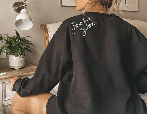 Jesus has my back sweatshirt Church Merch, Christian Shirts Designs, Church Fits, Christian Fashion, Gildan Sweatshirt, Cute Shirt Designs, Cricut Craft, Clothes Closet, Gildan Sweatshirts