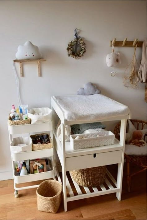 Learn how you can organize your baby's diaper station, choose a changing table, stock the diapering essentials and learn about our favorite diaper station organization hacks. We'll also give you a Printable Diaper Essentials checklist. With these ideas, we are pretty sure, you'll be well prepared to handle your little ones poop-splotion! Nursery Corner In Parents Room, Changing Table Organization, Diaper Station, Baby Nursery Organization, Baby Corner, Diaper Changing Station, Baby Room Organization, Baby Changing Table, Parents Room