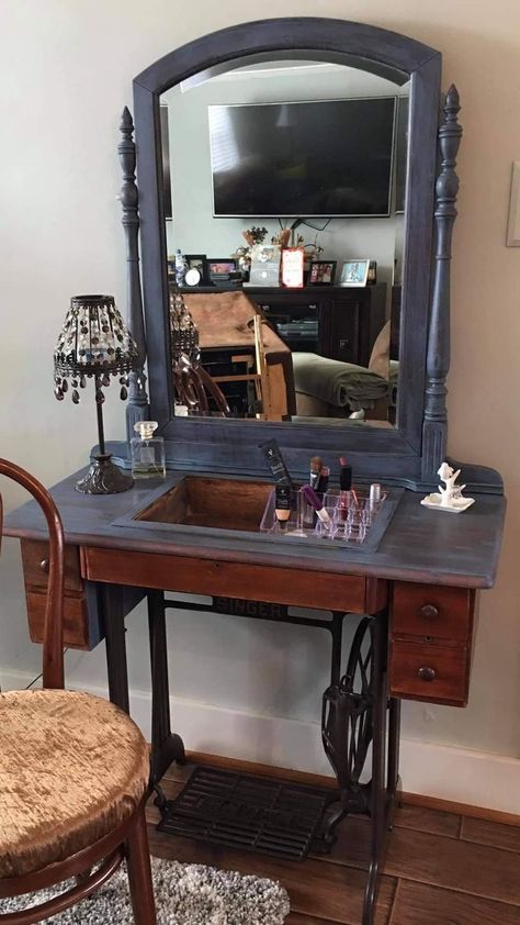 Refurbished Industrial Furniture, Repurpose Antique Sewing Machine, Antique Sewing Machine Table Repurposed, Old Sewing Machine Table Repurposed, Sewing Machine Makeover, Singer Sewing Machine Repurposed, Antique Sewing Machine Table, Old Sewing Machine Table, Vintage Sewing Table