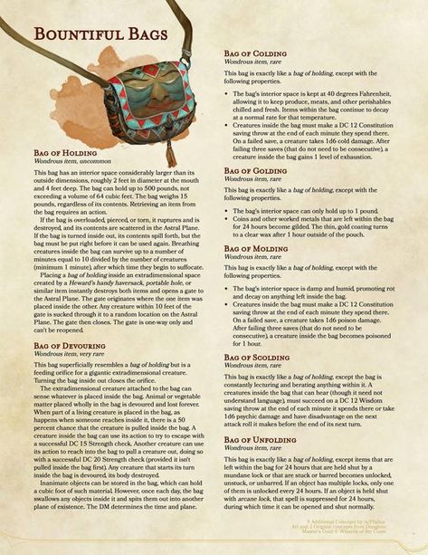 Bountiful Bags Bag Of Holding, Magic Bag, Dnd Classes, Dungeon Master's Guide, D D Items, Dungeons And Dragons 5e, Dnd 5e Homebrew, Magic Items, Pathfinder Rpg