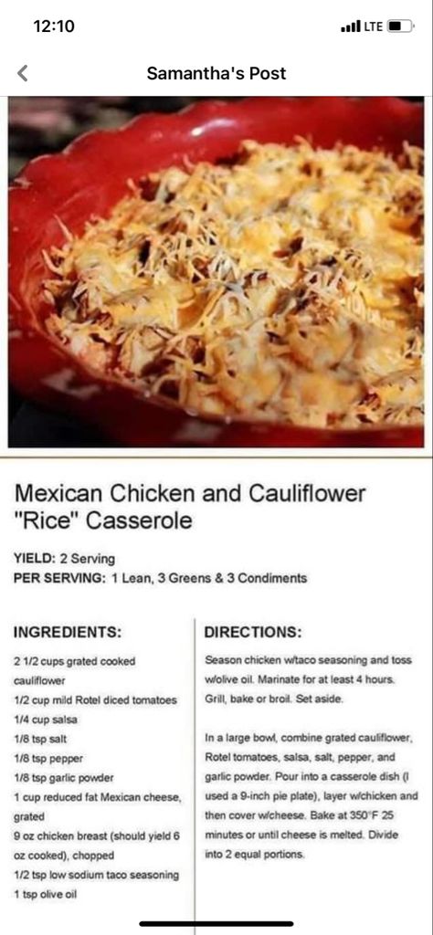 Cauliflower Rice Casserole, Chicken And Cauliflower, Lean Protein Meals, Lean And Green, Chicken Cauliflower, Cauliflower Casserole, Lean Meals, Lean And Green Meals, Mexican Chicken