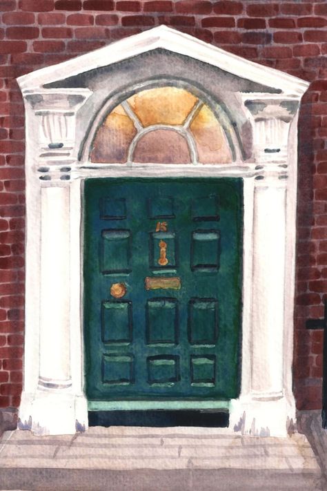 This is a print of my original watercolor painting featuring a emerald green Georgian-architecture-style door in Dublin, Ireland. Several years ago, my husband and I went on a trip to the British Isles, and of all of the thousands of photos I took, I enjoyed returning to the Georgian-style architecture doors of Dublin Ireland the best. The colors, the homeyness, and the beautiful architecture combined to inspire my watercolor series inspired by my photos from the trip. Available in small to Georgian Doors, Man Cave Art, Georgian Architecture, Small Doors, Watercolor Ideas, Places In Europe, Beautiful Greeting Cards, Dublin Ireland, British Isles