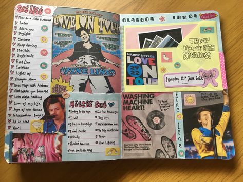 Love On Tour Scrapbook, Concert Book Ideas, Scrapbook Ideas Concert, Hslot Scrapbook, Concert Journal Ideas, Memorie Journal, Concert Journal Page, Harry Styles Scrapbook, Eras Tour Scrapbook