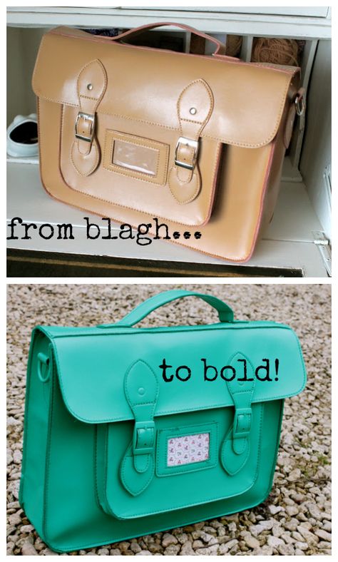 Upcycle: Old satchel + awesome spray paint = bold loveliness! Painted Purse, Car Emergency Kit, Colorful Handbags, Shirt Diy, Diy Purse, Evening Handbag, Tote Purse, Diy Bag, Fun To Be One