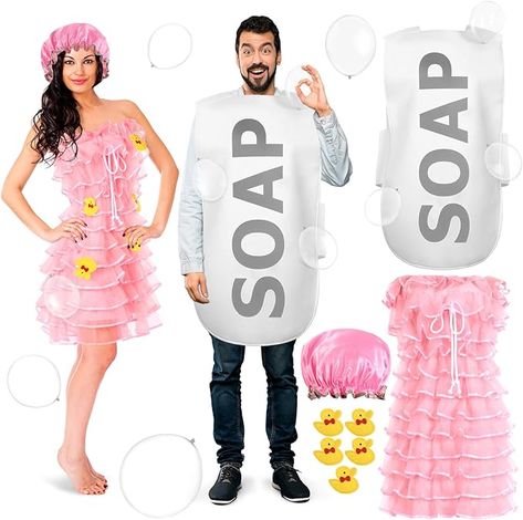 foam and knitted fabric, gauze, satin fabric
Couple Costume Set: you will receive 23 pieces of soap and loofah costume, including 1 soap costume, 1 loofah costume, 15 transparent balloons, 1 pink satin shower cap, 5 yellow duck embroidery stickers, this costume set can meet your cosplay needs
Funny Design: the loofah costume is designed in loofah, layers of pink gauze can restore loofah very well, and the men's costume like a soap, you can stick transparent balloons to the clothes. Kawaii Cosplay Costume With Ruffles For Costume Party, Bath Loofah Costume, Salt And Pepper Costume, Loofah Costume, Pink Kawaii Cosplay Costume For Halloween, Meme Couple Costumes, Bubble Costume, Role Play Costume, Transparent Balloons