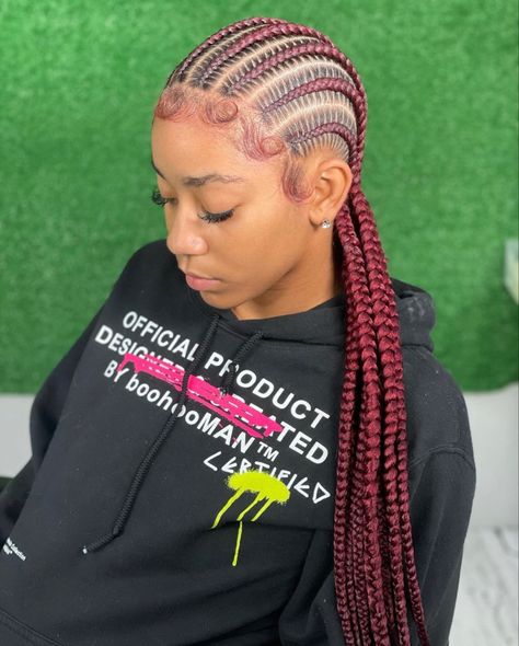 Burgundy Straight Back Braids, Stitch Braids Red Hair, Burgundy Straight Back Feed In Braids, Red Cornrows Braids Black Women, Red Straight Back Braids, Burgundy Cornrows, Red Feed In Braids, Red Cornrows, Straight Back Feed In Braids