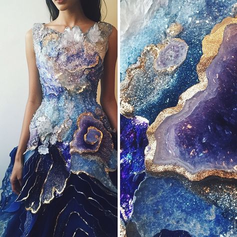 Introducing the Geode Glimmer Dress: a stunning blend of nature and fashion. Inspired by the mesmerizing beauty of geodes, this dress features a sparkling gemstone bodice and a flowing skirt with delicate, crystal-like accents. Perfect for any occasion, it captures elegance and natural mystique in every detail. Conceptual AI Art Follow @ecosapiens for more! Crystal Drop Dress, Gem Dress Jewels, Dress With Gemstones, Crystal Outfit, Gemstone Dress, Gem Dress, Alevel Art, A Level Textiles, Band Uniforms