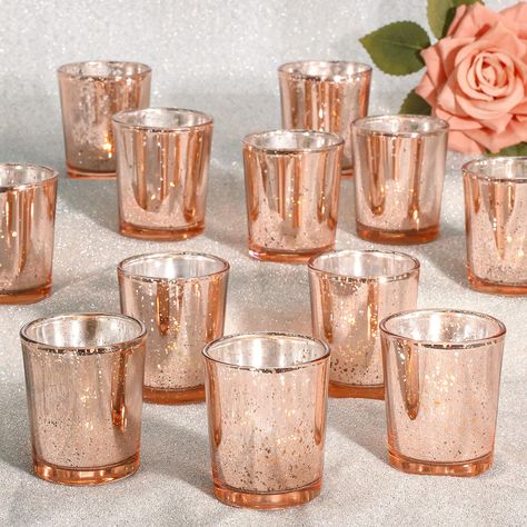 PRICES MAY VARY. Rose Gold Votive Candle Holders Set: These glass candle holders are made with shiny exterior and translucent speckled interior, showing a dazzling light. When you light the candle, charming speckled glass can reflect the candle's light and adds to their brilliance, perfectly creating a warm and romantic ambiance for any occasions. Glass-Made Votive Candle Holders Bulk: These tealight candle holders are crafted from thick and high temperature resistant glass, designed to withstan Wedding Favors Candles For Guests, Rose Gold Wedding Shower Ideas, Rose Gold Centerpieces Wedding, Gold Votives Wedding Centerpieces, Black And Rose Gold Wedding Theme, Rose Gold Candle Holder Centerpieces, Copper Votives Wedding, Rose Gold Votives Weddings, Gold Mercury Votives