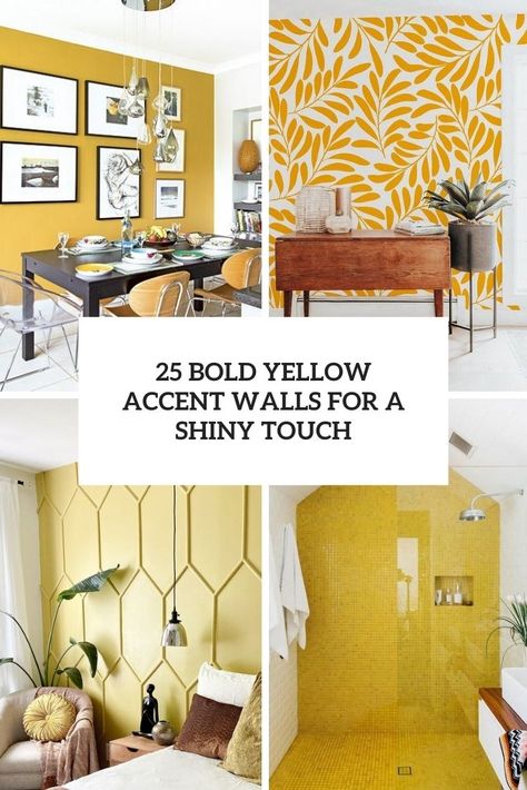 bold yellow accent walls for a shiny touch cover Room With Wallpaper Accent Wall, Mustard Yellow Accent Wall, Accent Wall Office, Yellow Accent Wall, Room With Wallpaper, Office Yellow, Yellow Accent Walls, Girls Room Colors, Tile Accent Wall